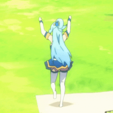 a woman with blue hair is standing in front of a green field with her arms in the air .