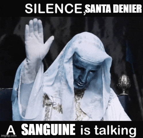 a statue of a man in a white robe with the words silence santa denier a sanguine is talking below it