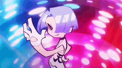 a cartoon girl with blue hair and white gloves is standing in front of a pink and blue background .