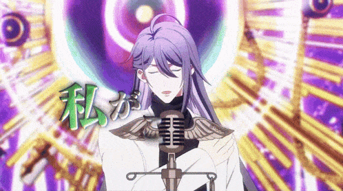a man with purple hair is holding a microphone with wings
