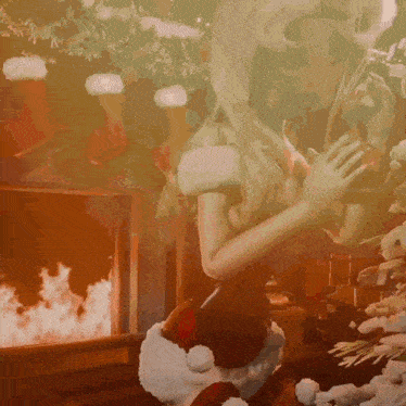 a woman wearing a santa hat is standing in front of a fireplace