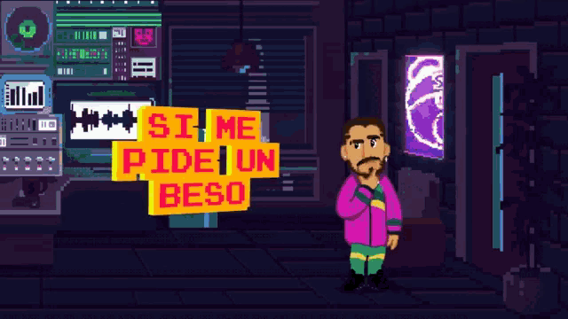 a pixel art drawing of a man standing in front of a sign that says ' voce lodon '