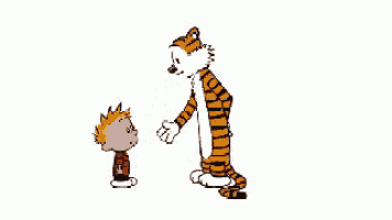 a cartoon of a boy and a tiger hugging each other on a white background .