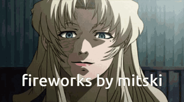 a cartoon of a woman with the words fireworks by mitski on the bottom