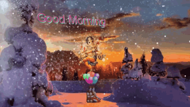 a snowy scene with the words good morning written in the background