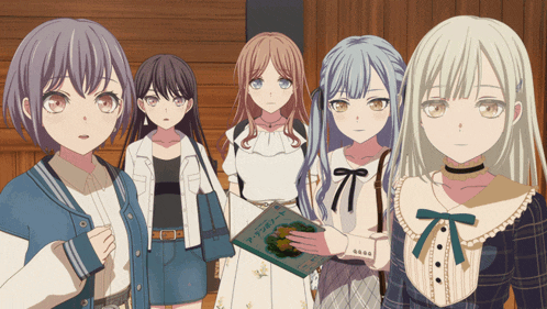 a group of anime girls are standing next to each other and one of them is holding a book