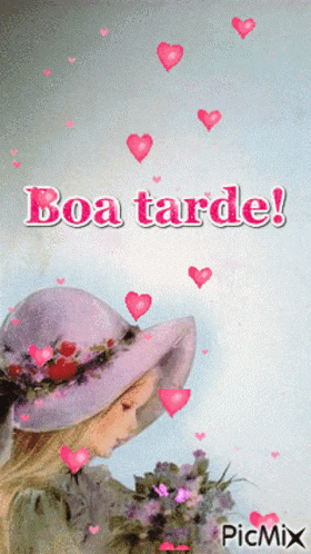 a girl in a purple hat is surrounded by pink hearts and the words boa tarde on the bottom