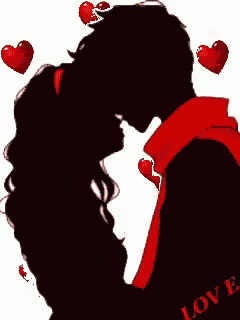 a silhouette of a man and woman kissing with hearts around them and the word love on the bottom