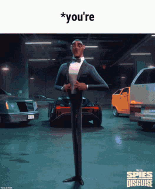 a cartoon character from the movie spies in disguise is standing in front of cars