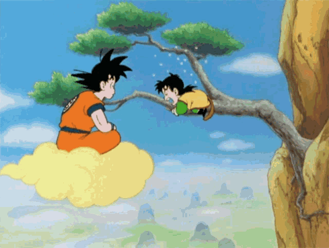 a cartoon of a man sitting on a cloud and another man hanging from a tree branch