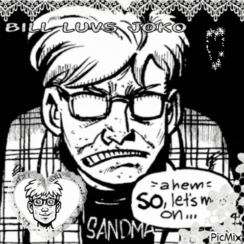 a black and white drawing of a man wearing glasses and a sandmat shirt