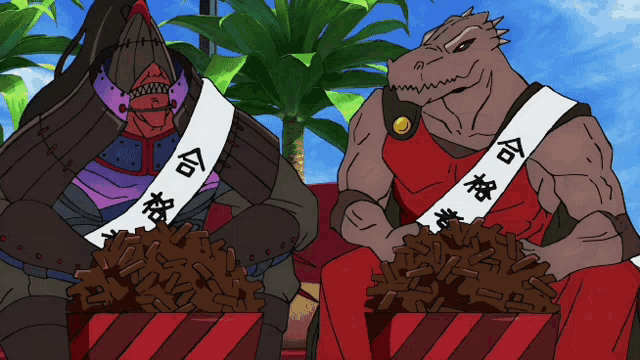 two monsters are sitting next to each other with one wearing a sash that says ' com ' on it