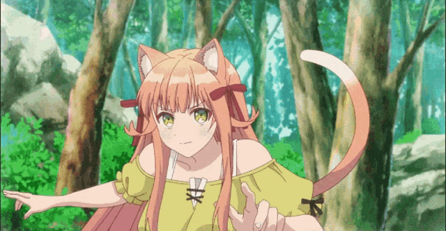 a girl with cat ears and a cat tail is standing in a forest