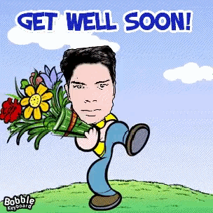 a cartoon of a man holding a bouquet of flowers with the words get well soon below him