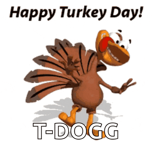 a cartoon turkey with the words happy turkey day t-dogg below it