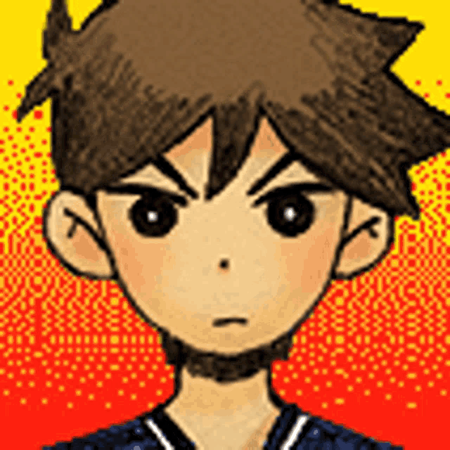 a pixel art of a boy with brown hair and black eyes