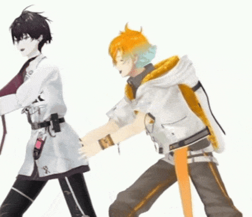 a couple of anime characters standing next to each other with one of them wearing a white coat