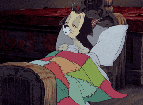 a cartoon cat is sleeping in a bed with a quilt