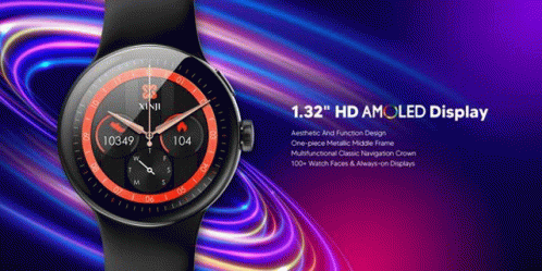 a watch with a 1.32 " hd amoled display on a purple background