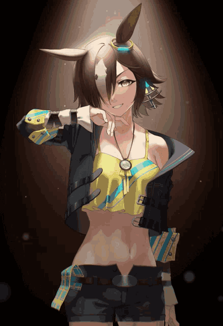 a drawing of a girl with horns wearing a yellow top and shorts