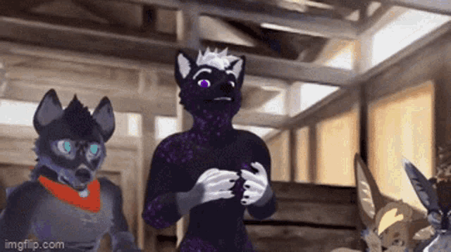 a group of furry characters are standing next to each other in a building .