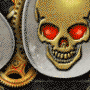 a coin with a skull on it and red eyes .
