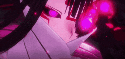 a close up of a person 's face with red eyes and a sword .