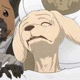 a close up of a cartoon dog laying on a bed with another dog .