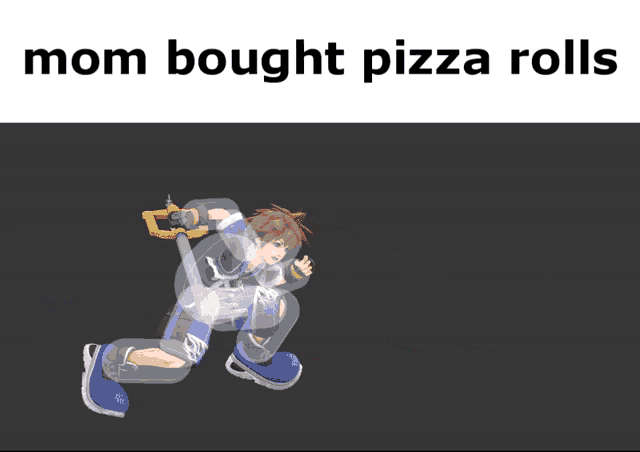 a picture of a video game character with the words mom bought pizza rolls