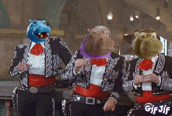 a gif of three men with hippos on their heads is displayed