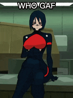 a cartoon of a woman in a black suit with a red heart on her chest says who gaf