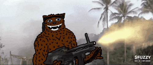 a cartoon drawing of a bear holding a gun with the words $ fuzzy on the bottom