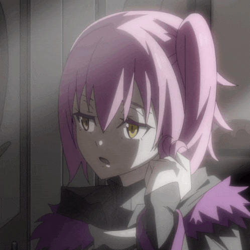 a close up of a girl with pink hair