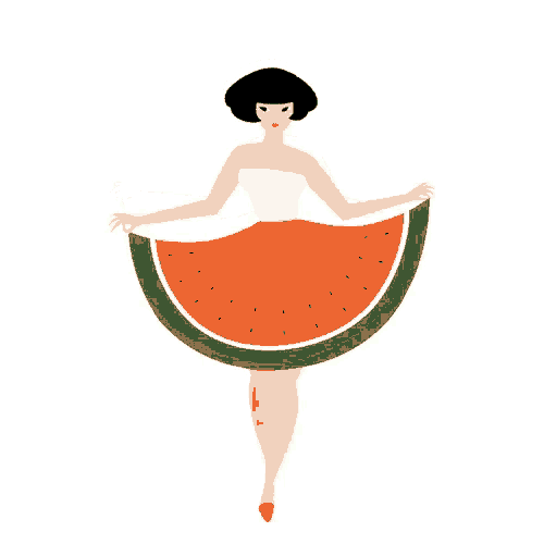 a woman is wearing a watermelon slice as a skirt