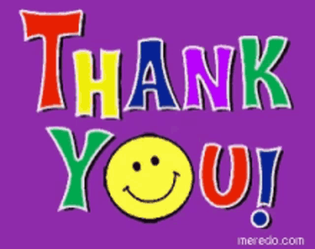 a colorful thank you card with a smiley face on it