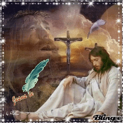 a picture of jesus sitting under a cross with the words jesus te blingee below him