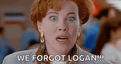 a woman with a surprised look on her face is saying `` we forgot logan ! ''