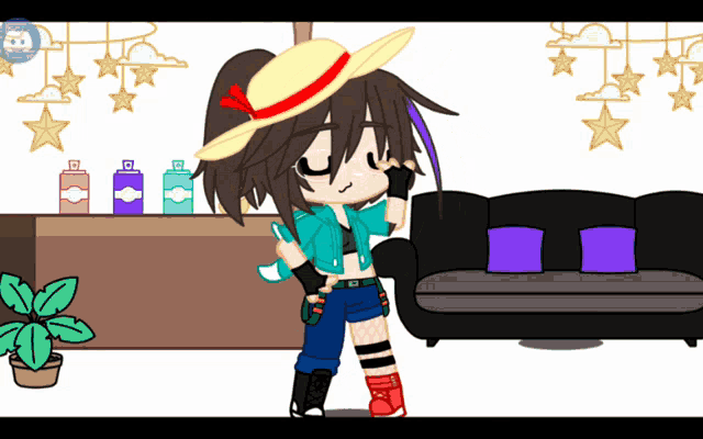 a drawing of a girl wearing a hat with the letter r on it