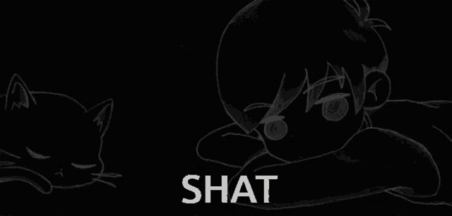 a black background with a drawing of a boy and a cat and the word shat in white letters