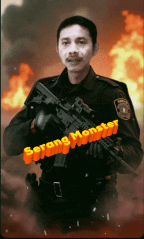 a man holding a gun with serang monster written in orange letters