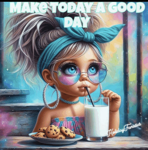 a painting of a girl drinking milk and cookies with the words make today a good day below her