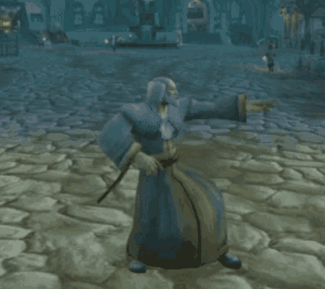 a man in a blue robe is standing on a cobblestone street