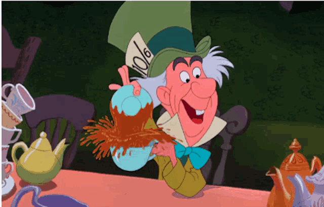 the mad hatter from alice in wonderland is pouring tea into a teacup