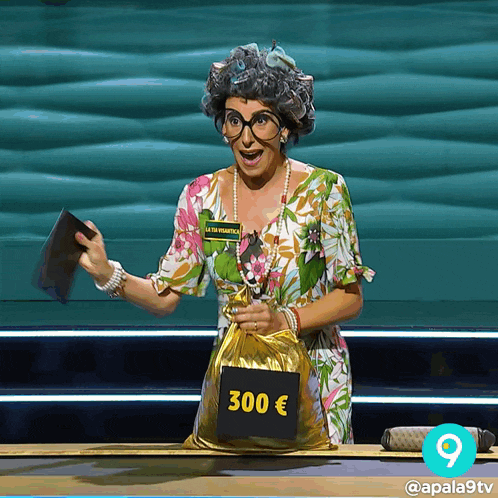 a woman in a floral dress is holding a bag that says 300 euro
