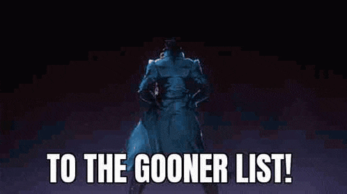 a cartoon character is pointing a gun at someone and saying `` to the gooner list ! '' .