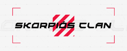 a logo for skorpios clan with a red and black stripe