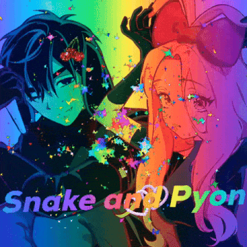 a snake and a pyor anime poster with a rainbow background