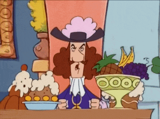 a cartoon of a man in a hat holding a bowl of fruit