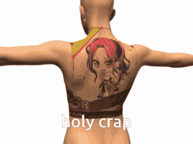 a man has a tattoo on his back that says holy crap on it