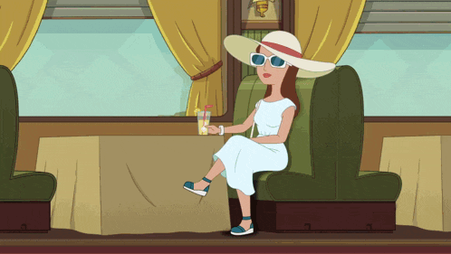 a woman wearing a hat and sunglasses sits on a train with a drink in her hand